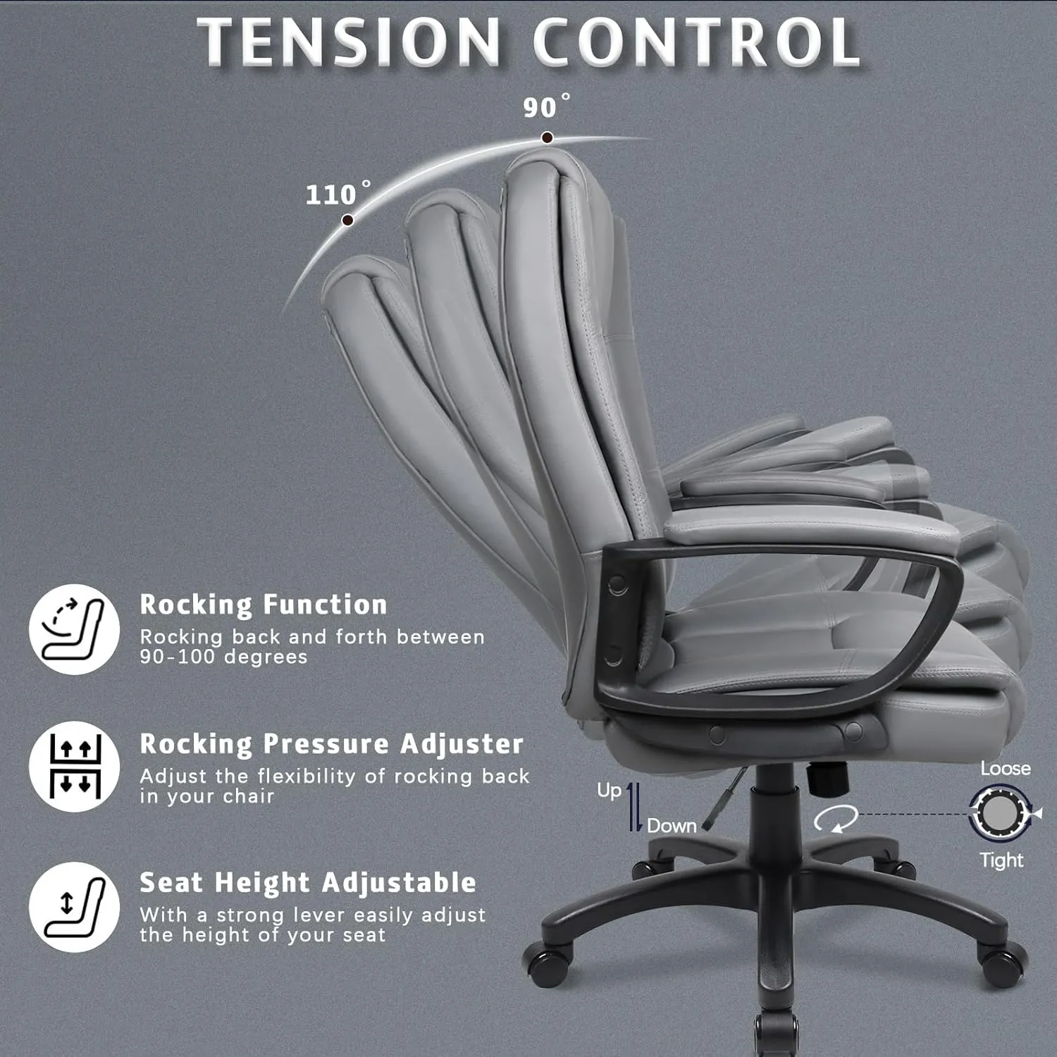 LEMBERI Office Desk Chair, Big and Tall Managerial Executive Chair, High Back Computer Chair, Ergonomic Adjustable Height PU Leather Chairs with Cushions Armrest for Long Time Sitting (Grey)