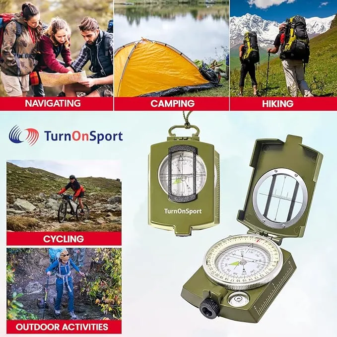 Lensatic Military Compass for Hiking - Tritium Compass Military Grade Style Camping Backpacking | Tactical Army Compass Survival Navigation | TurnOnSport Waterproof Sighting Compass with Pouch
