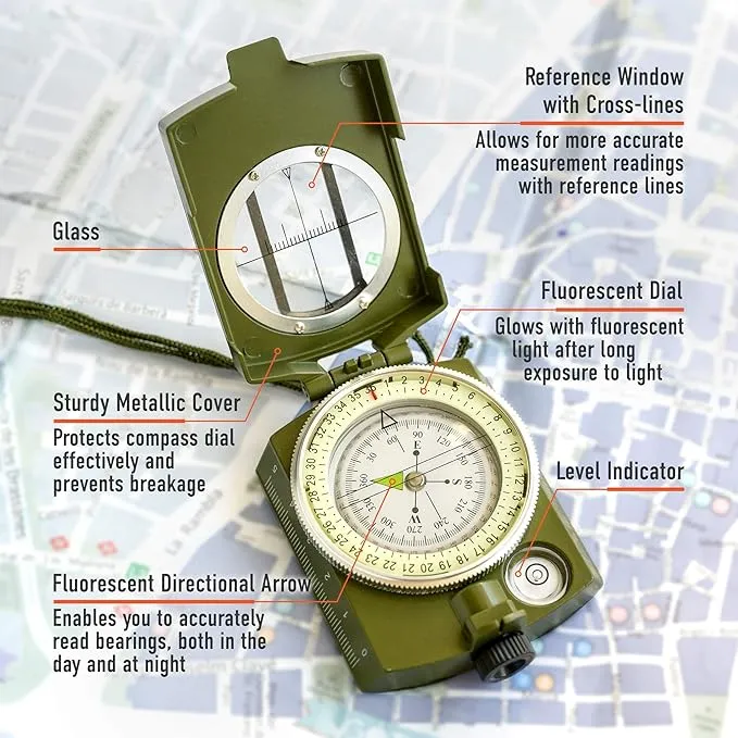 Lensatic Military Compass for Hiking - Tritium Compass Military Grade Style Camping Backpacking | Tactical Army Compass Survival Navigation | TurnOnSport Waterproof Sighting Compass with Pouch