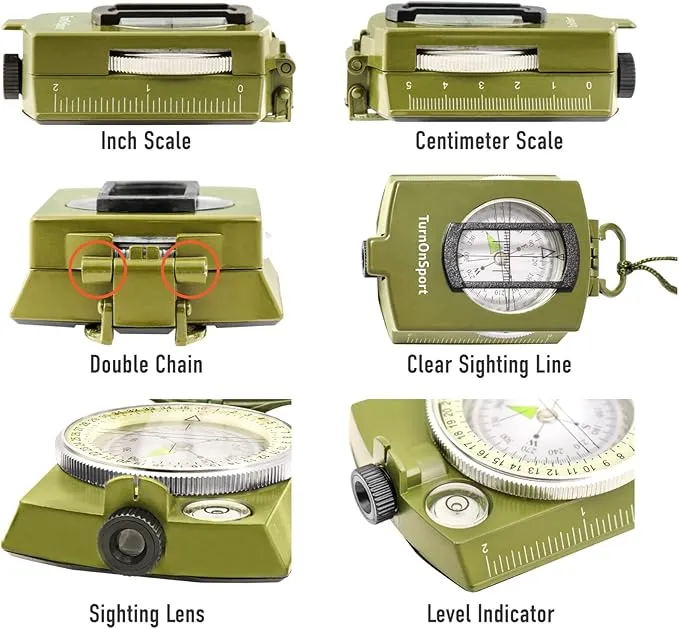 Lensatic Military Compass for Hiking - Tritium Compass Military Grade Style Camping Backpacking | Tactical Army Compass Survival Navigation | TurnOnSport Waterproof Sighting Compass with Pouch