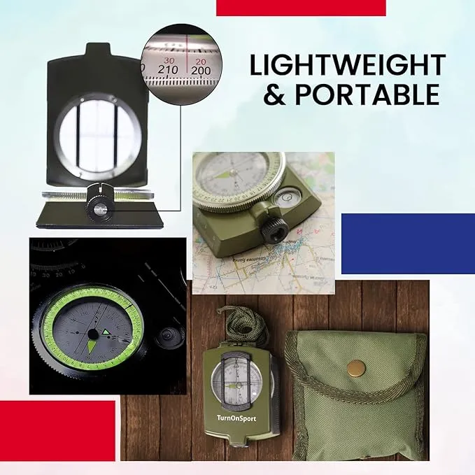 Lensatic Military Compass for Hiking - Tritium Compass Military Grade Style Camping Backpacking | Tactical Army Compass Survival Navigation | TurnOnSport Waterproof Sighting Compass with Pouch