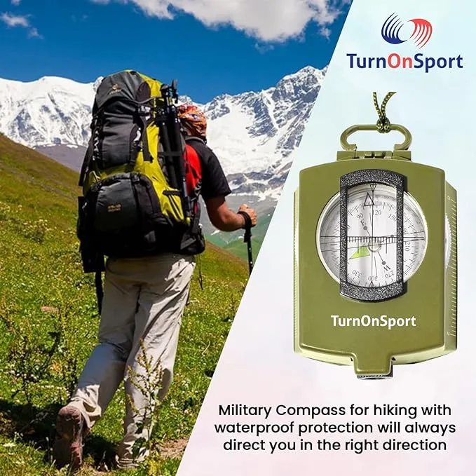 Lensatic Military Compass for Hiking - Tritium Compass Military Grade Style Camping Backpacking | Tactical Army Compass Survival Navigation | TurnOnSport Waterproof Sighting Compass with Pouch