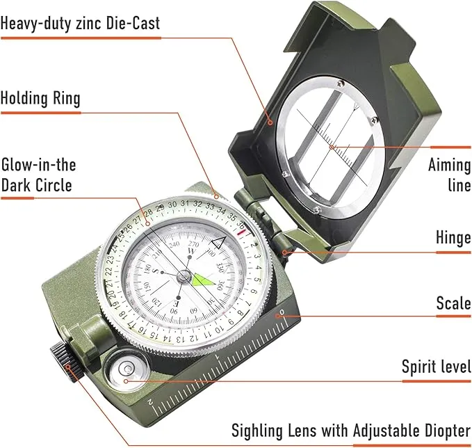 Lensatic Military Compass for Hiking - Tritium Compass Military Grade Style Camping Backpacking | Tactical Army Compass Survival Navigation | TurnOnSport Waterproof Sighting Compass with Pouch