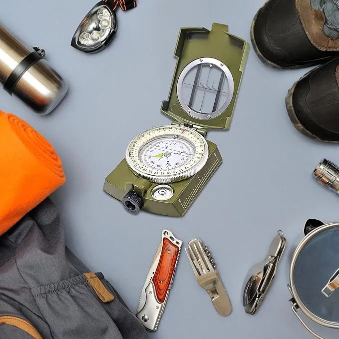 Lensatic Military Compass for Hiking - Tritium Compass Military Grade Style Camping Backpacking | Tactical Army Compass Survival Navigation | TurnOnSport Waterproof Sighting Compass with Pouch