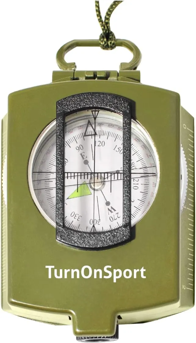 Lensatic Military Compass for Hiking - Tritium Compass Military Grade Style Camping Backpacking | Tactical Army Compass Survival Navigation | TurnOnSport Waterproof Sighting Compass with Pouch