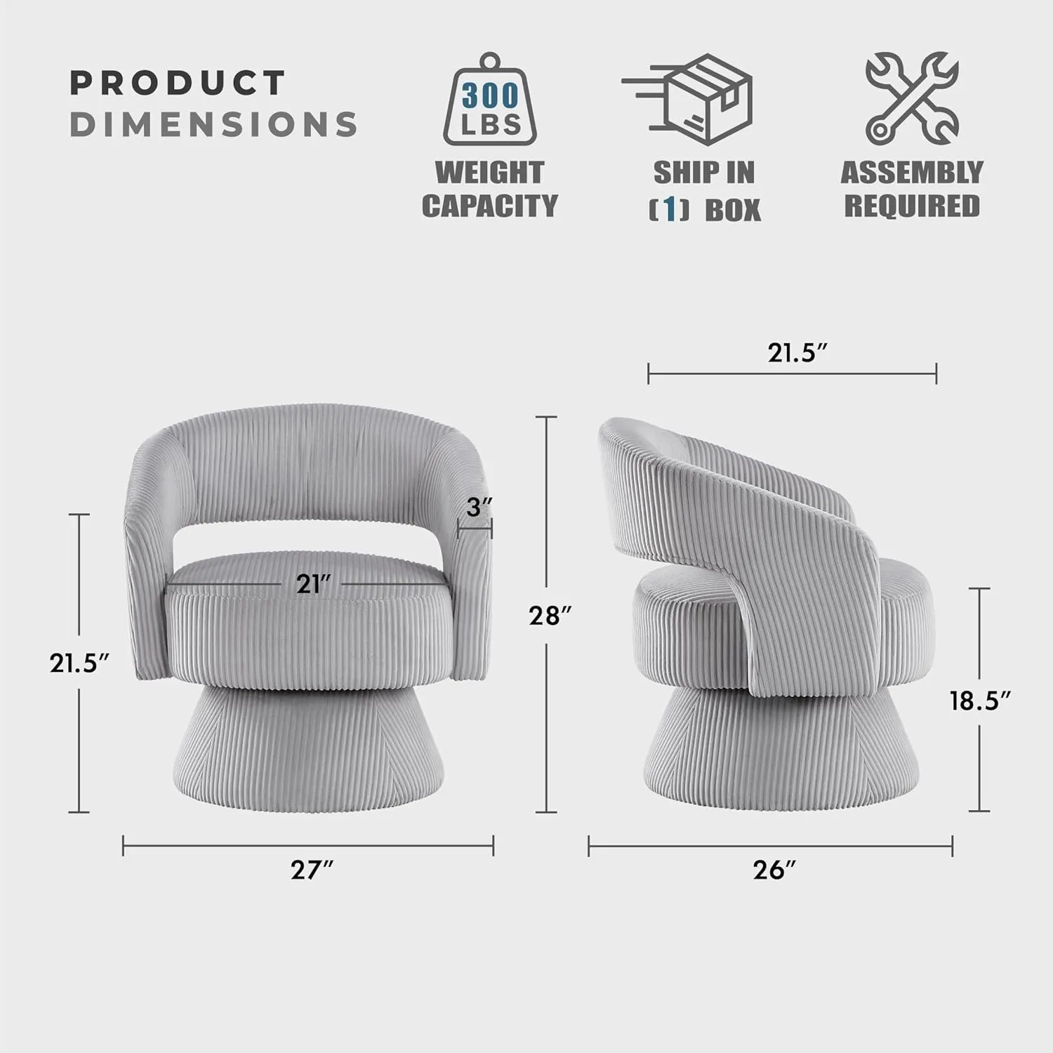 Lexicon 360 Degree Swivel Accent Chair Arm Chair, Modern Comfy Corduroy Barrel Chair, Open Back Round Chair with Metal Swivel Base, Club Armchair for Living Room/Bedroom/Office, Gray
