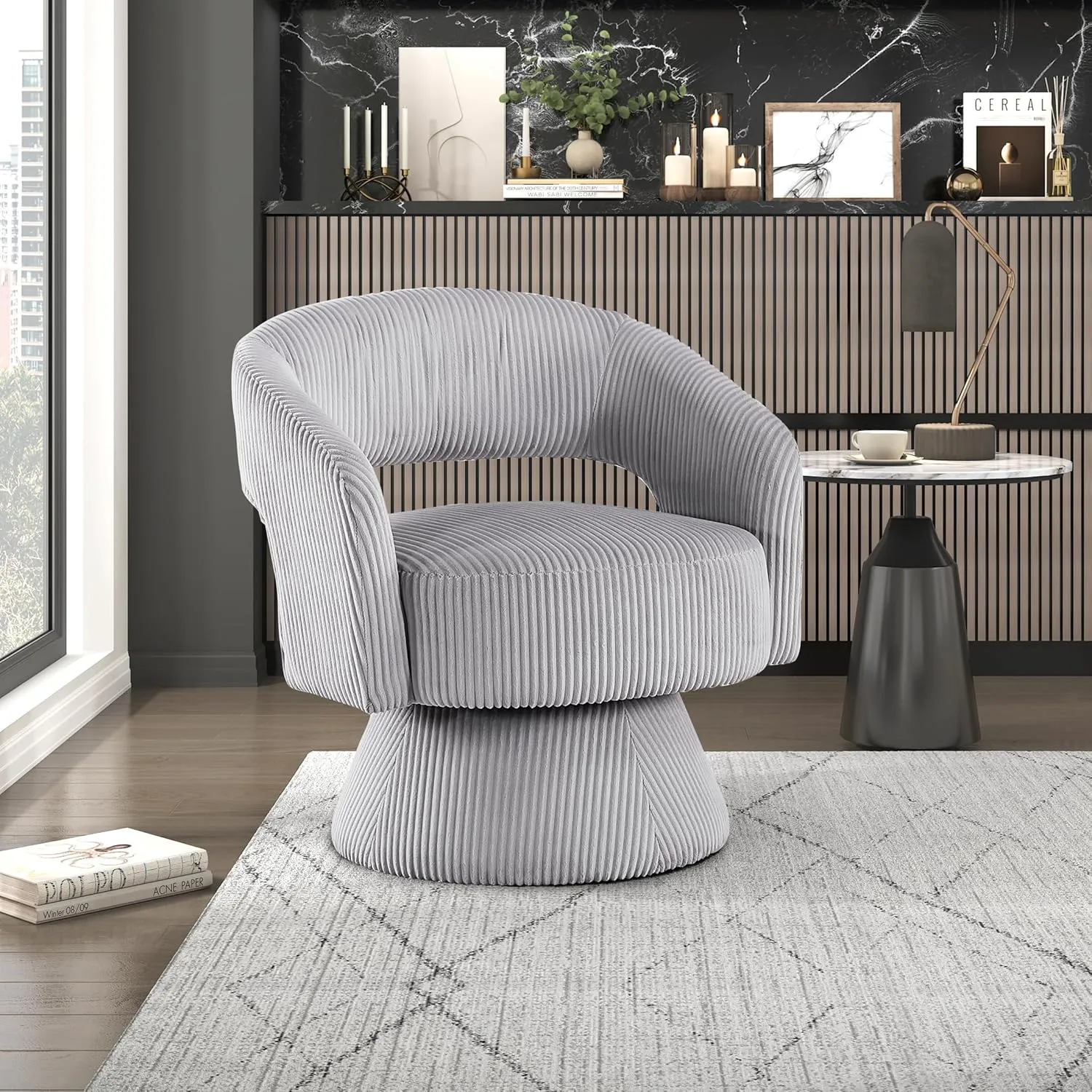 Lexicon 360 Degree Swivel Accent Chair Arm Chair, Modern Comfy Corduroy Barrel Chair, Open Back Round Chair with Metal Swivel Base, Club Armchair for Living Room/Bedroom/Office, Gray