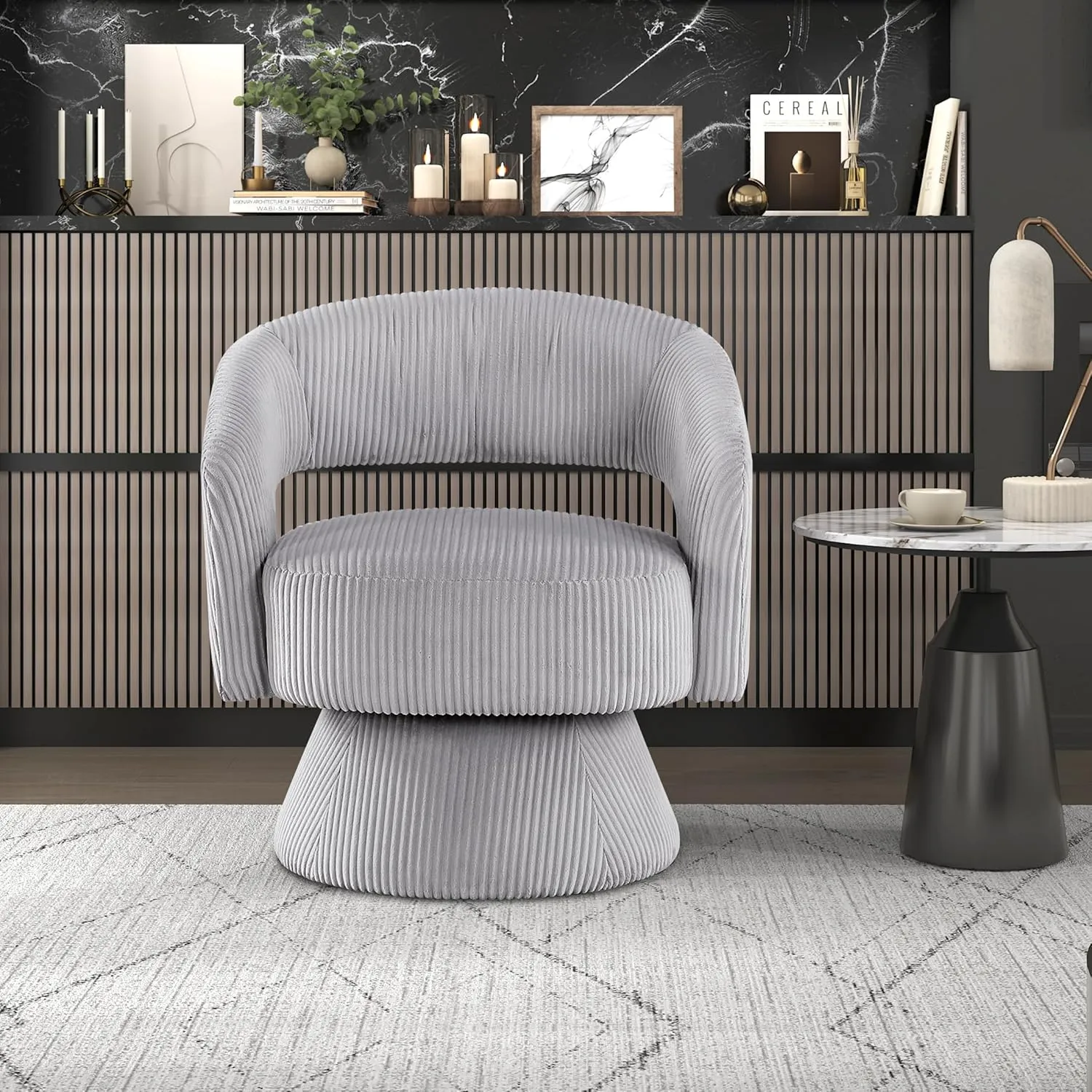 Lexicon 360 Degree Swivel Accent Chair Arm Chair, Modern Comfy Corduroy Barrel Chair, Open Back Round Chair with Metal Swivel Base, Club Armchair for Living Room/Bedroom/Office, Gray