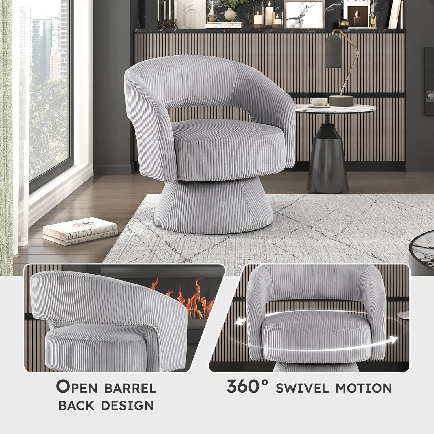 Lexicon 360 Degree Swivel Accent Chair Arm Chair, Modern Comfy Corduroy Barrel Chair, Open Back Round Chair with Metal Swivel Base, Club Armchair for Living Room/Bedroom/Office, Gray