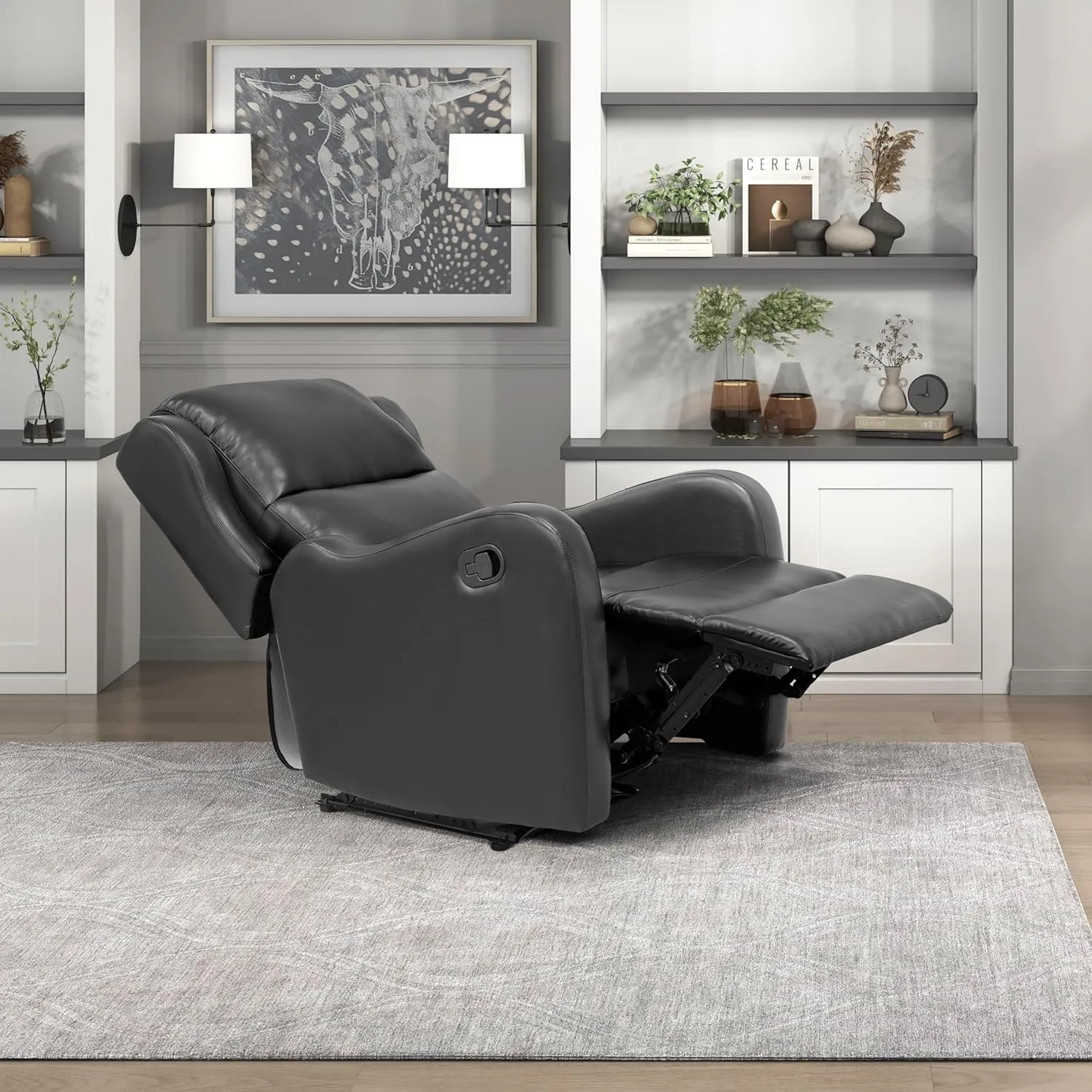 Lexicon Manual Recliner Chair, Reclining Sofa Chair, Home Theater Seating, Wall Hugger, Manual Recliner for Living Room/Office/Apartment, Easy Assembly, Black Faux Leather