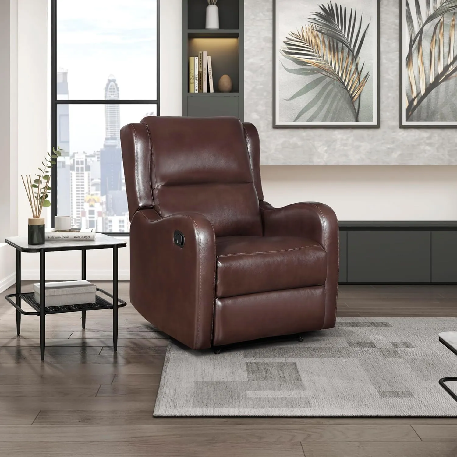 Lexicon Manual Recliner Chair, Reclining Sofa Chair, Home Theater Seating, Wall Hugger, Manual Recliner for Living Room/Office/Apartment, Easy Assembly, Brown Faux Leather