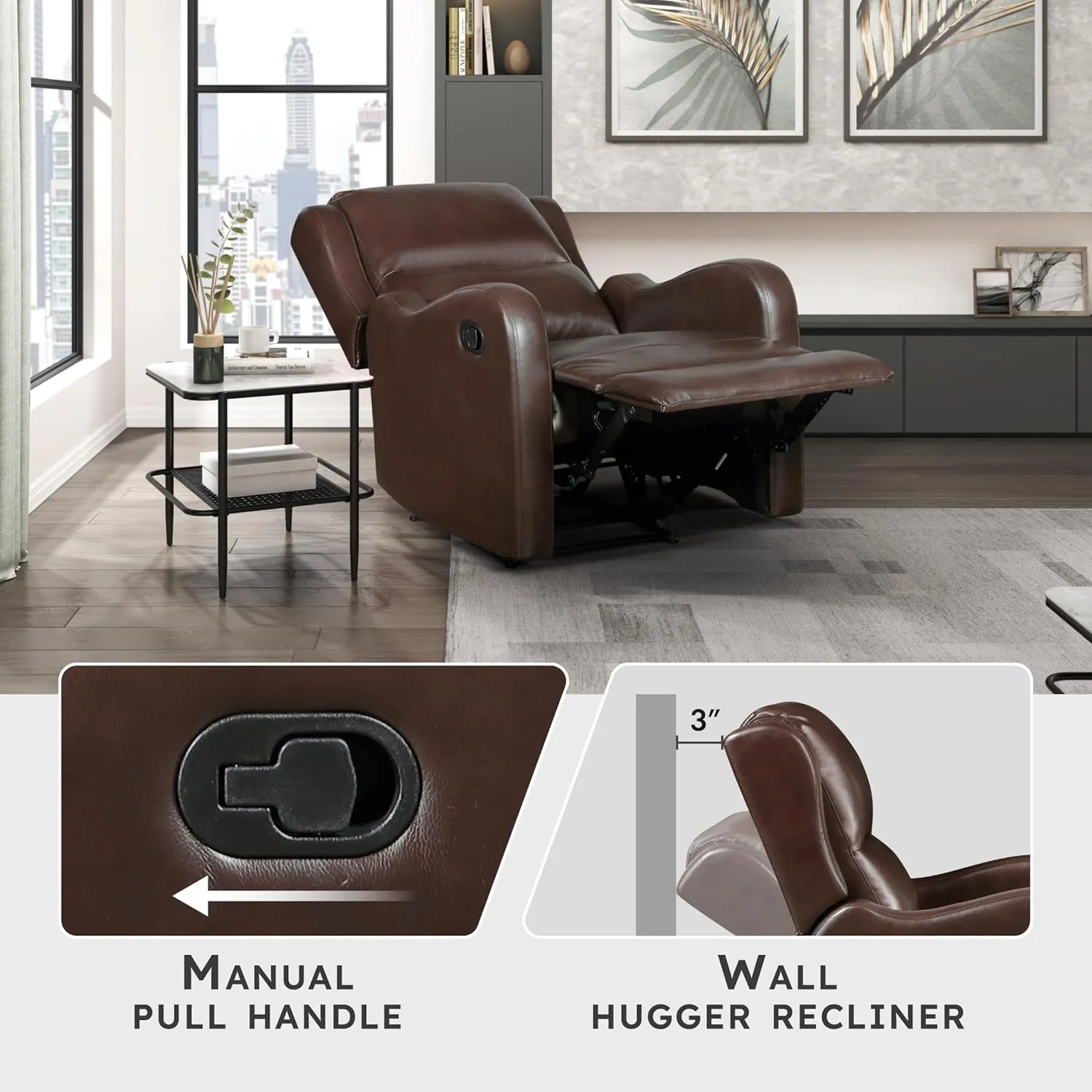 Lexicon Manual Recliner Chair, Reclining Sofa Chair, Home Theater Seating, Wall Hugger, Manual Recliner for Living Room/Office/Apartment, Easy Assembly, Brown Faux Leather