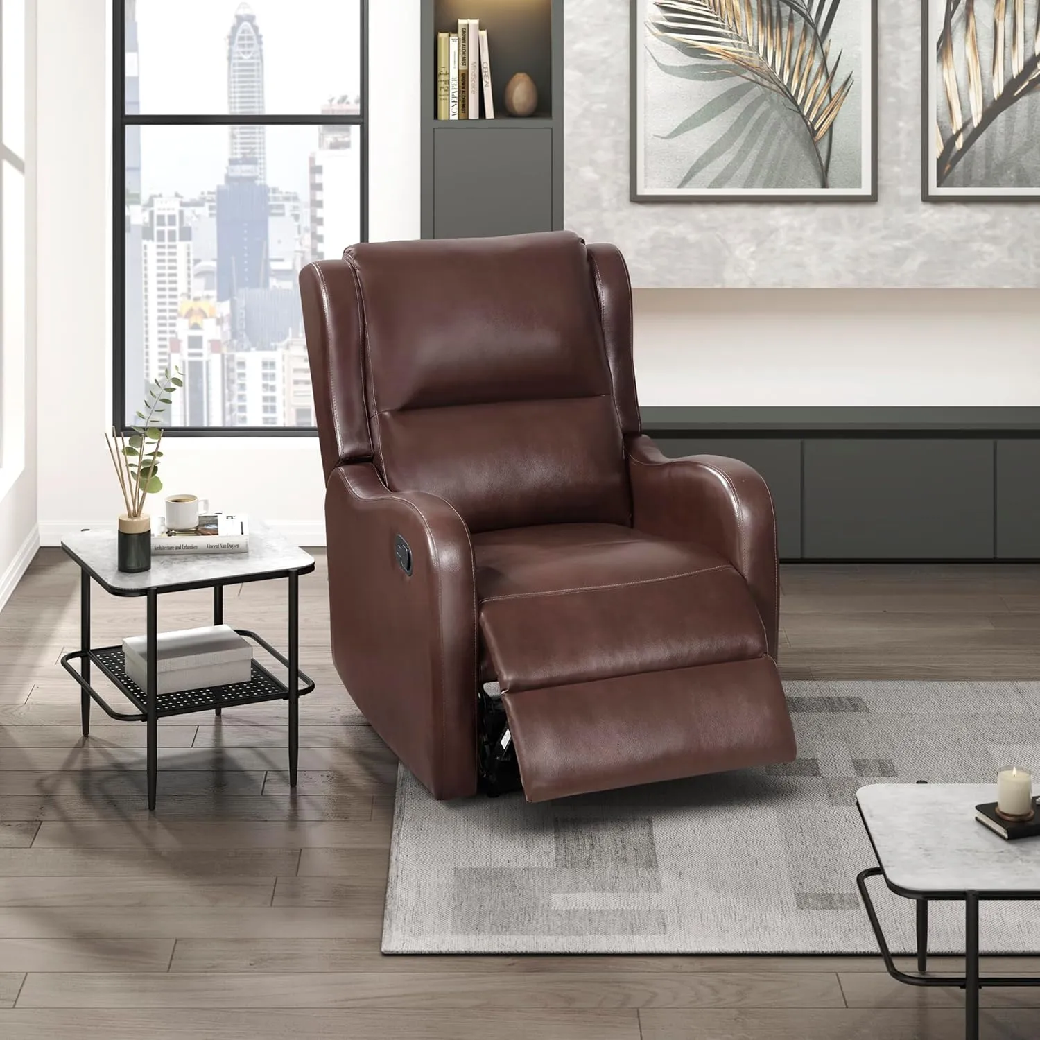 Lexicon Manual Recliner Chair, Reclining Sofa Chair, Home Theater Seating, Wall Hugger, Manual Recliner for Living Room/Office/Apartment, Easy Assembly, Brown Faux Leather