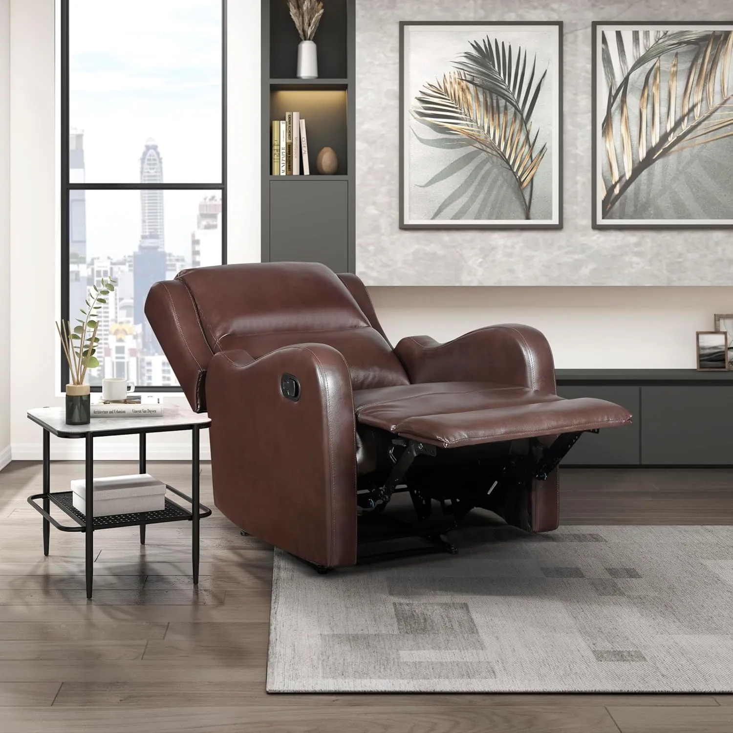 Lexicon Manual Recliner Chair, Reclining Sofa Chair, Home Theater Seating, Wall Hugger, Manual Recliner for Living Room/Office/Apartment, Easy Assembly, Brown Faux Leather