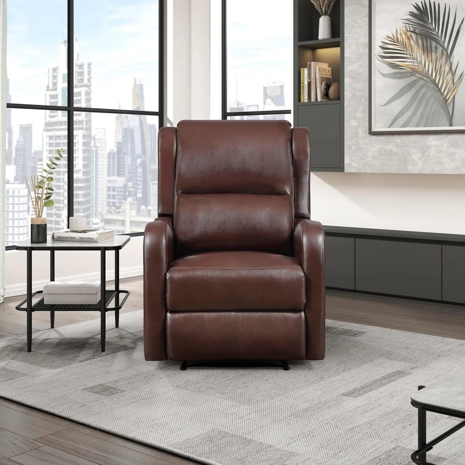Lexicon Manual Recliner Chair, Reclining Sofa Chair, Home Theater Seating, Wall Hugger, Manual Recliner for Living Room/Office/Apartment, Easy Assembly, Brown Faux Leather