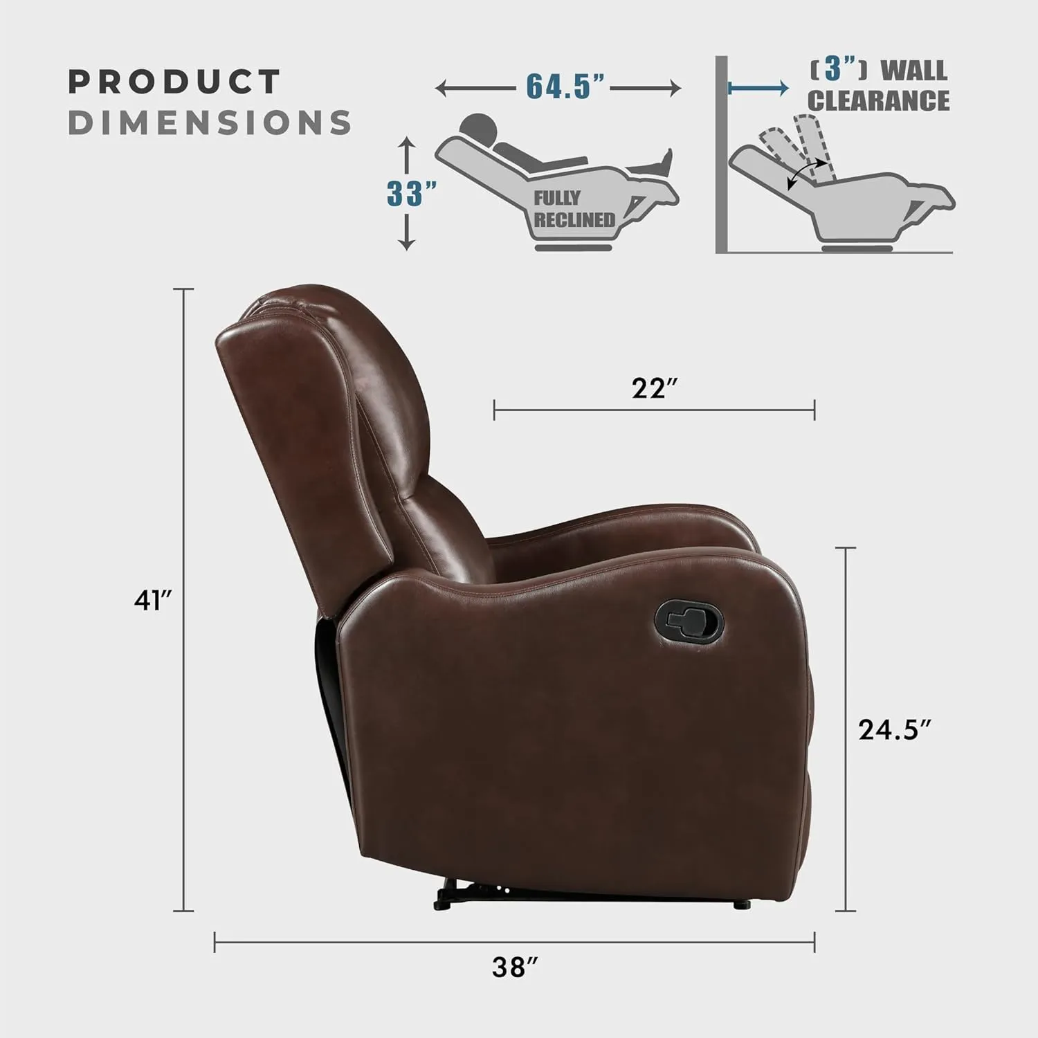 Lexicon Manual Recliner Chair, Reclining Sofa Chair, Home Theater Seating, Wall Hugger, Manual Recliner for Living Room/Office/Apartment, Easy Assembly, Brown Faux Leather