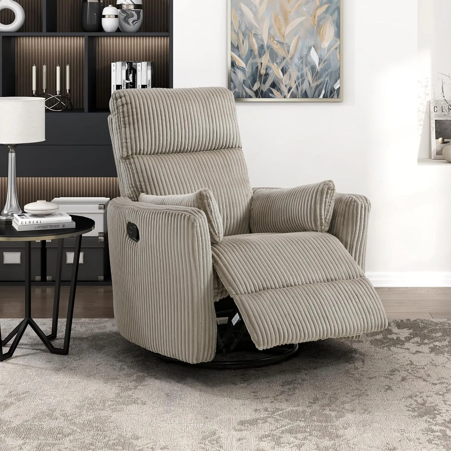 Lexicon Modern Swivel Glider Recliner Chair, Nursery Glider, Corduroy Fabric Upholstery Recliner with 2 Lumbar Pillows, Manual Reclining Sofa Chair for Living Room/Office/Apartment, Taupe