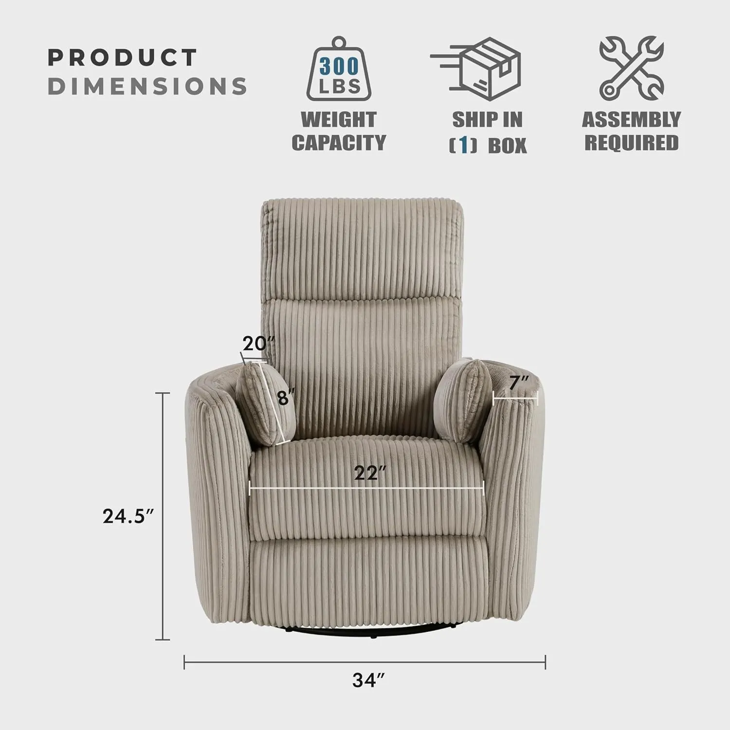 Lexicon Modern Swivel Glider Recliner Chair, Nursery Glider, Corduroy Fabric Upholstery Recliner with 2 Lumbar Pillows, Manual Reclining Sofa Chair for Living Room/Office/Apartment, Taupe