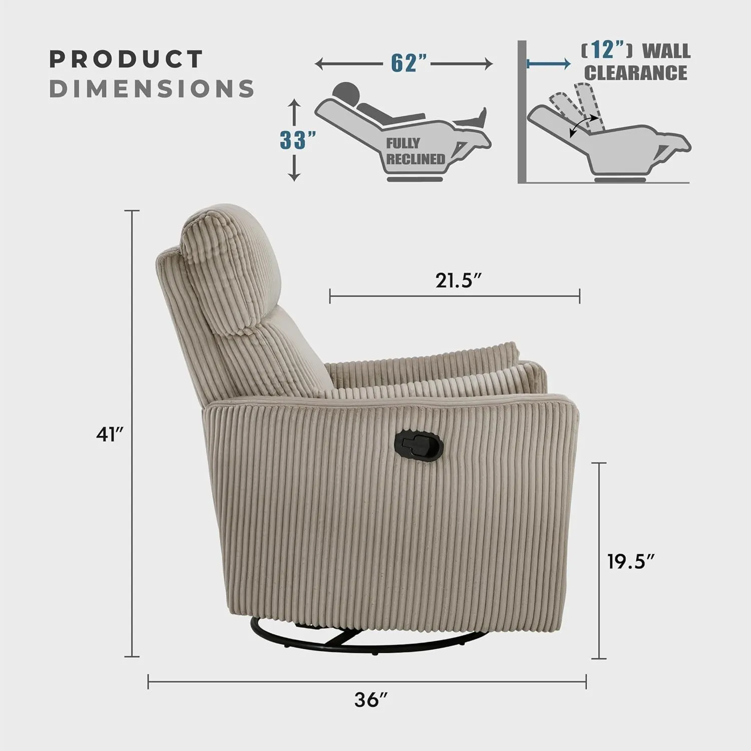 Lexicon Modern Swivel Glider Recliner Chair, Nursery Glider, Corduroy Fabric Upholstery Recliner with 2 Lumbar Pillows, Manual Reclining Sofa Chair for Living Room/Office/Apartment, Taupe