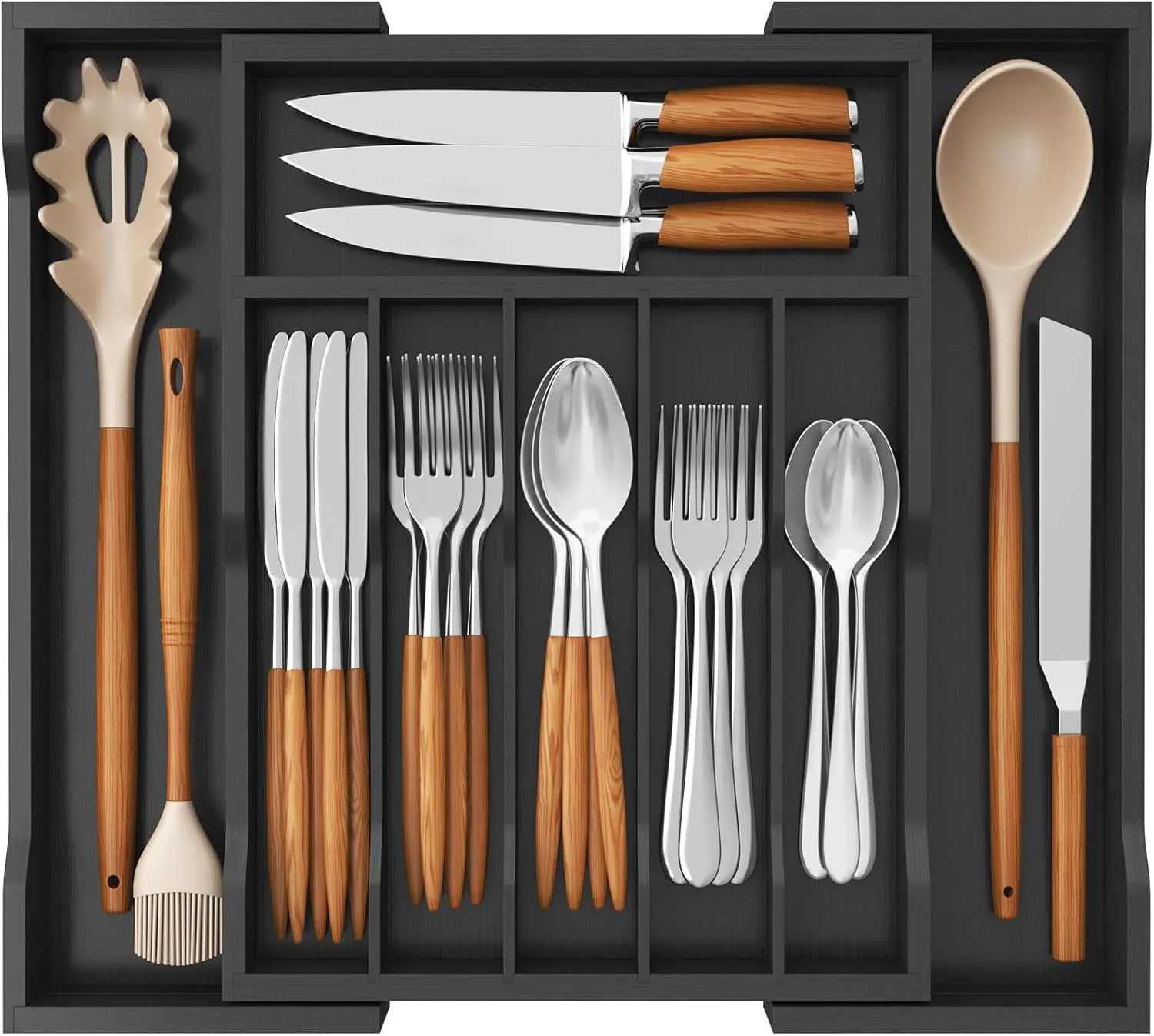 Lifewit Silverware Drawer Organizer, Expandable Utensil Tray for Kitchen, Bamboo Flatware and Cutlery Holder, Wood Adjustable Storage for Spoons Forks Knives, Large, Black