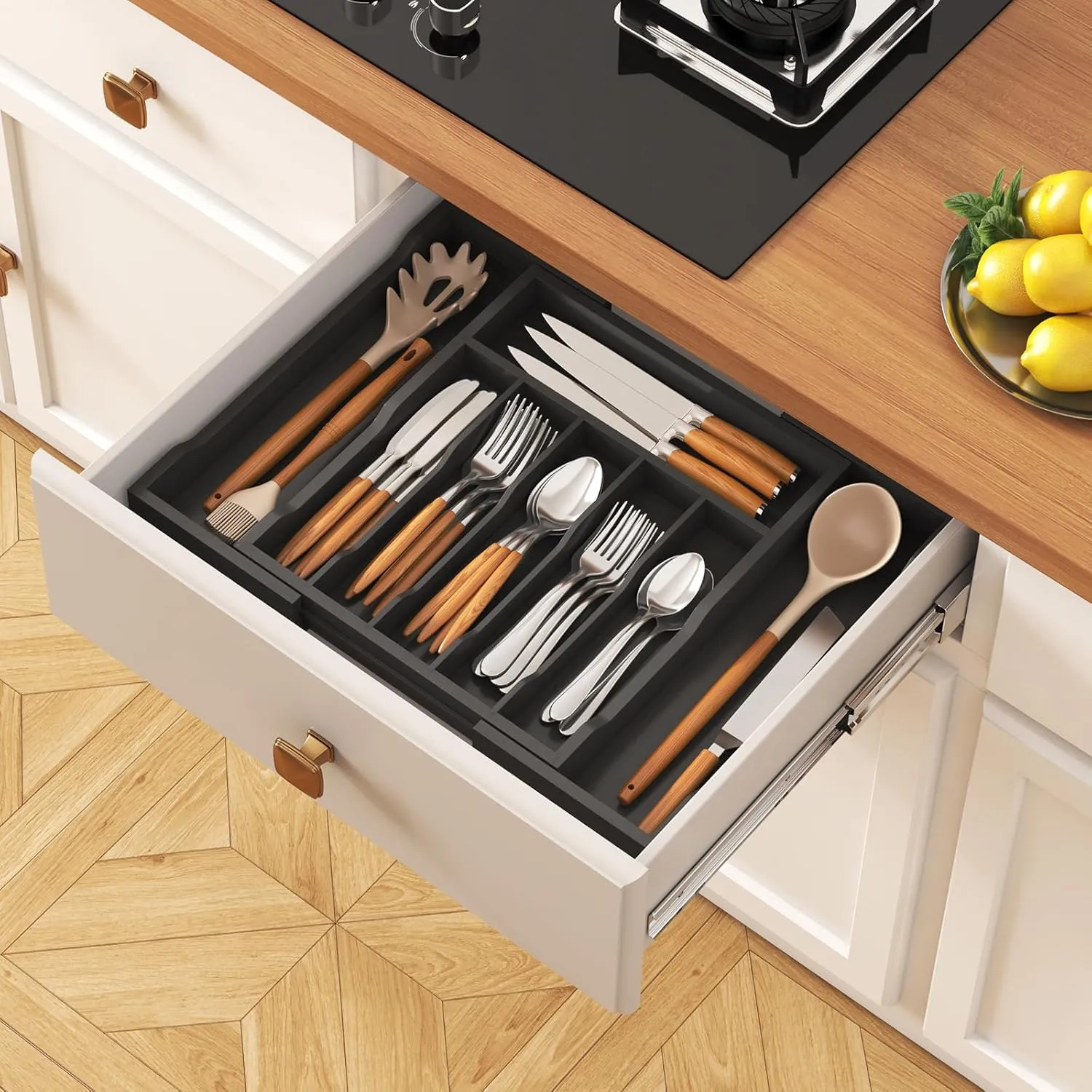 Lifewit Silverware Drawer Organizer, Expandable Utensil Tray for Kitchen, Bamboo Flatware and Cutlery Holder, Wood Adjustable Storage for Spoons Forks Knives, Large, Black