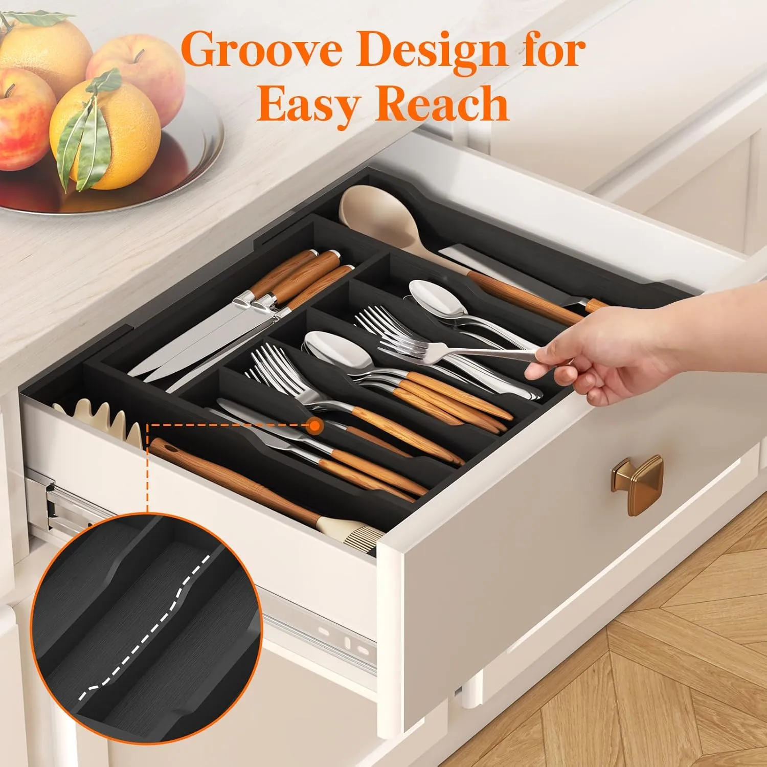 Lifewit Silverware Drawer Organizer, Expandable Utensil Tray for Kitchen, Bamboo Flatware and Cutlery Holder, Wood Adjustable Storage for Spoons Forks Knives, Large, Black