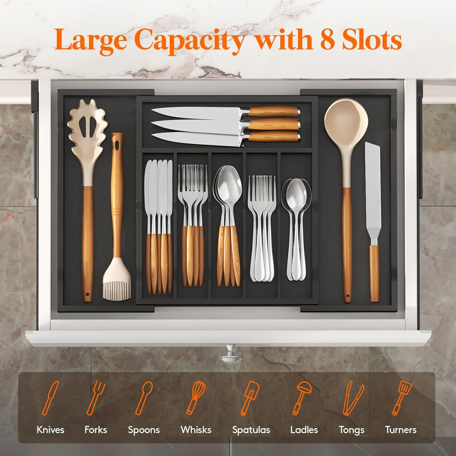 Lifewit Silverware Drawer Organizer, Expandable Utensil Tray for Kitchen, Bamboo Flatware and Cutlery Holder, Wood Adjustable Storage for Spoons Forks Knives, Large, Black
