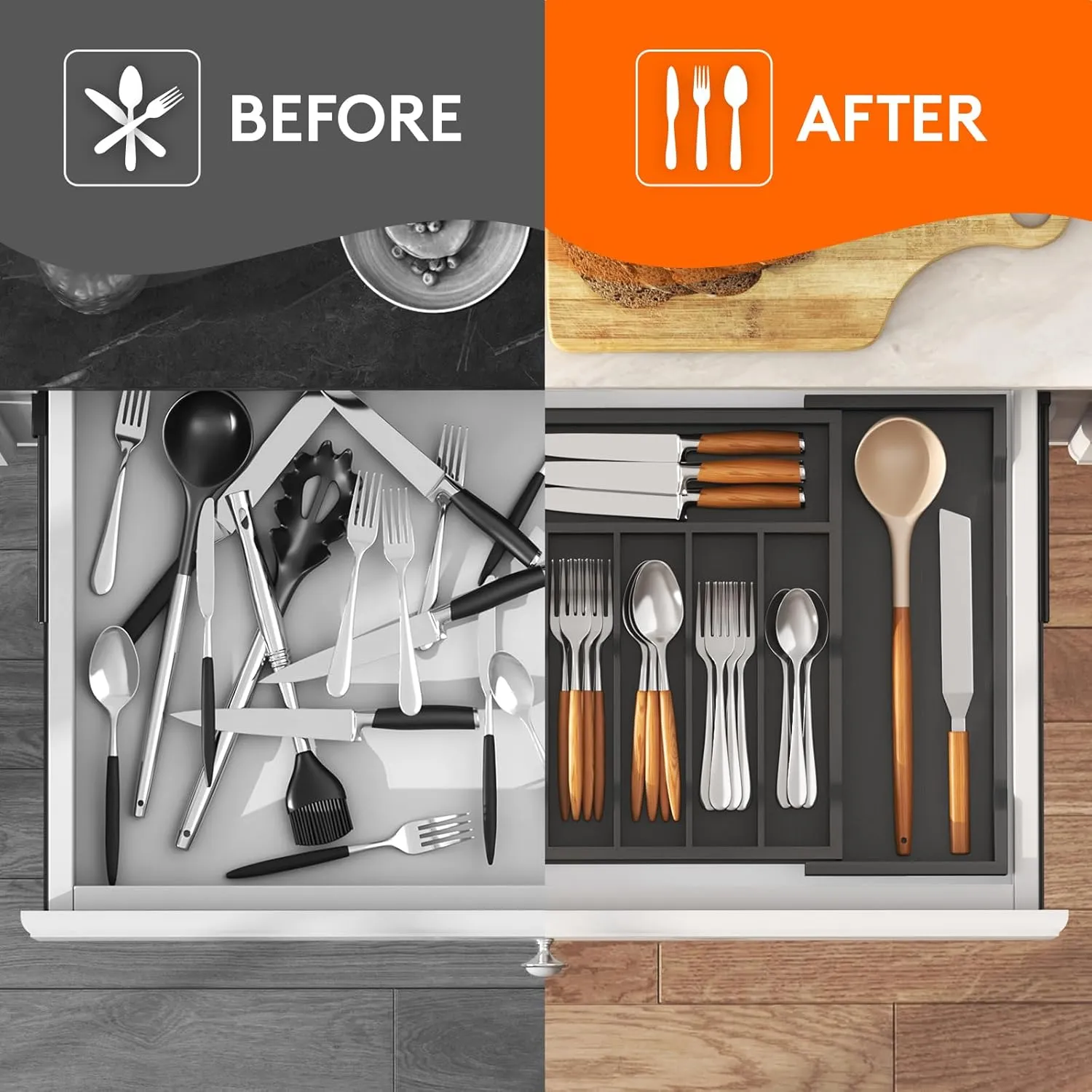 Lifewit Silverware Drawer Organizer, Expandable Utensil Tray for Kitchen, Bamboo Flatware and Cutlery Holder, Wood Adjustable Storage for Spoons Forks Knives, Large, Black