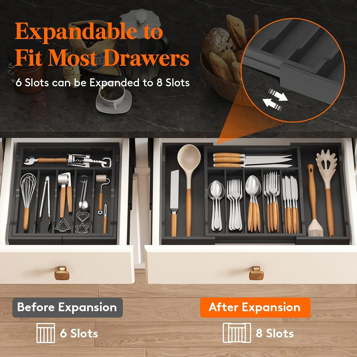 Lifewit Silverware Drawer Organizer, Expandable Utensil Tray for Kitchen, Bamboo Flatware and Cutlery Holder, Wood Adjustable Storage for Spoons Forks Knives, Large, Black