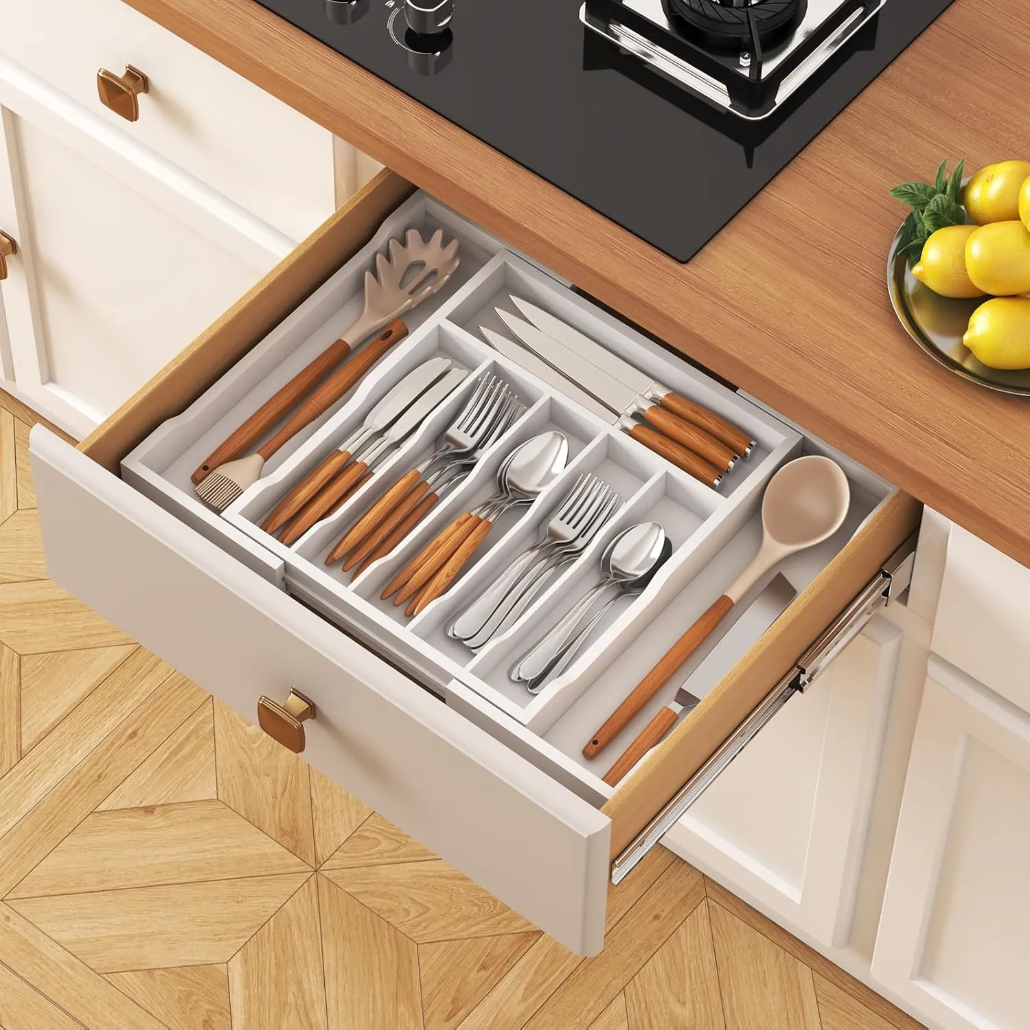 Lifewit Silverware Drawer Organizer, Expandable Utensil Tray for Kitchen, Bamboo Flatware and Cutlery Holder, Wood Adjustable Storage for Spoons Forks Knives, Large, White