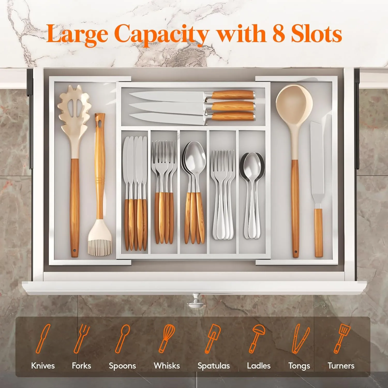 Lifewit Silverware Drawer Organizer, Expandable Utensil Tray for Kitchen, Bamboo Flatware and Cutlery Holder, Wood Adjustable Storage for Spoons Forks Knives, Large, White