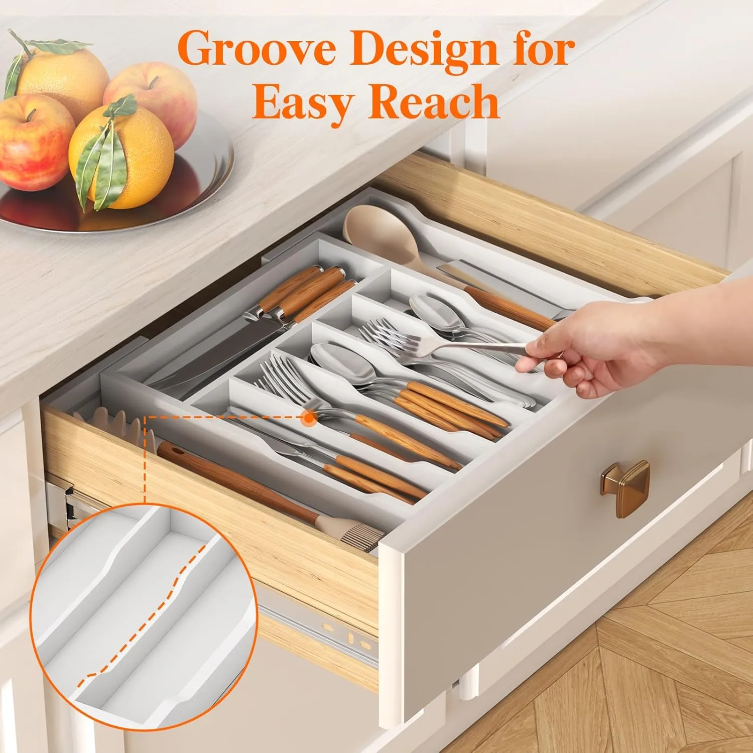 Lifewit Silverware Drawer Organizer, Expandable Utensil Tray for Kitchen, Bamboo Flatware and Cutlery Holder, Wood Adjustable Storage for Spoons Forks Knives, Large, White