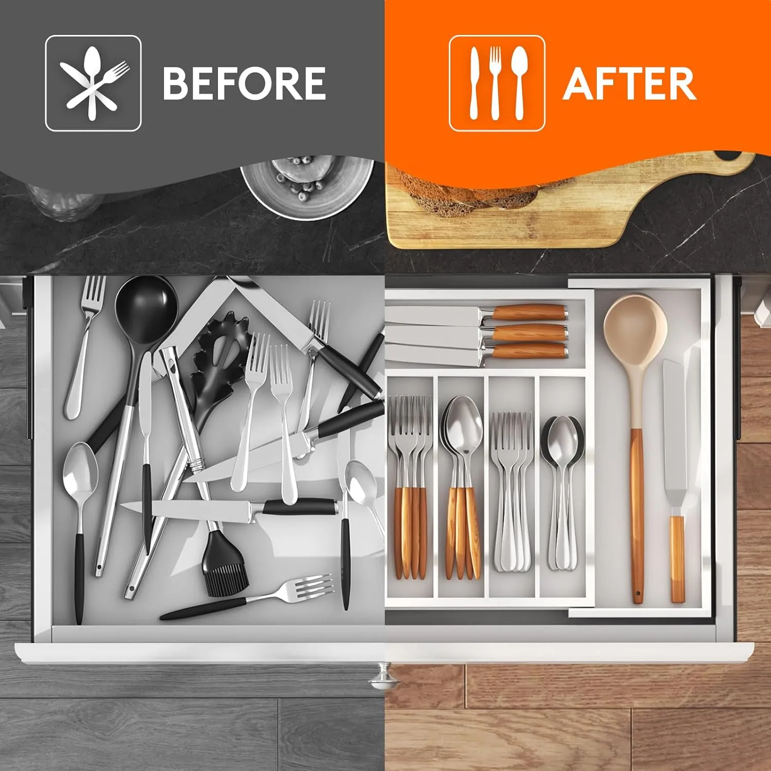 Lifewit Silverware Drawer Organizer, Expandable Utensil Tray for Kitchen, Bamboo Flatware and Cutlery Holder, Wood Adjustable Storage for Spoons Forks Knives, Large, White