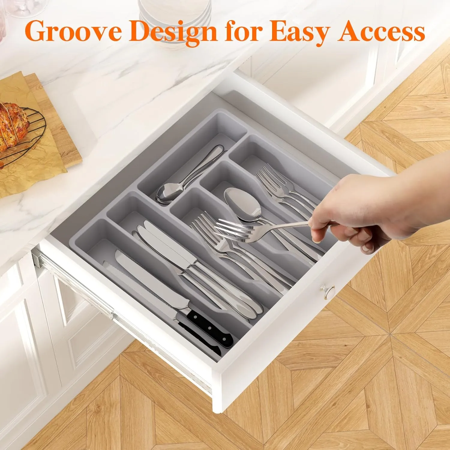 Lifewit Silverware Organizer with Lid, Covered Utensil Tray for Kitchen Drawer and Countertop, Plastic Cutlery and Flatware Storage Box for Spoons Forks Knives Holder Case, 6 Compartments, Gray