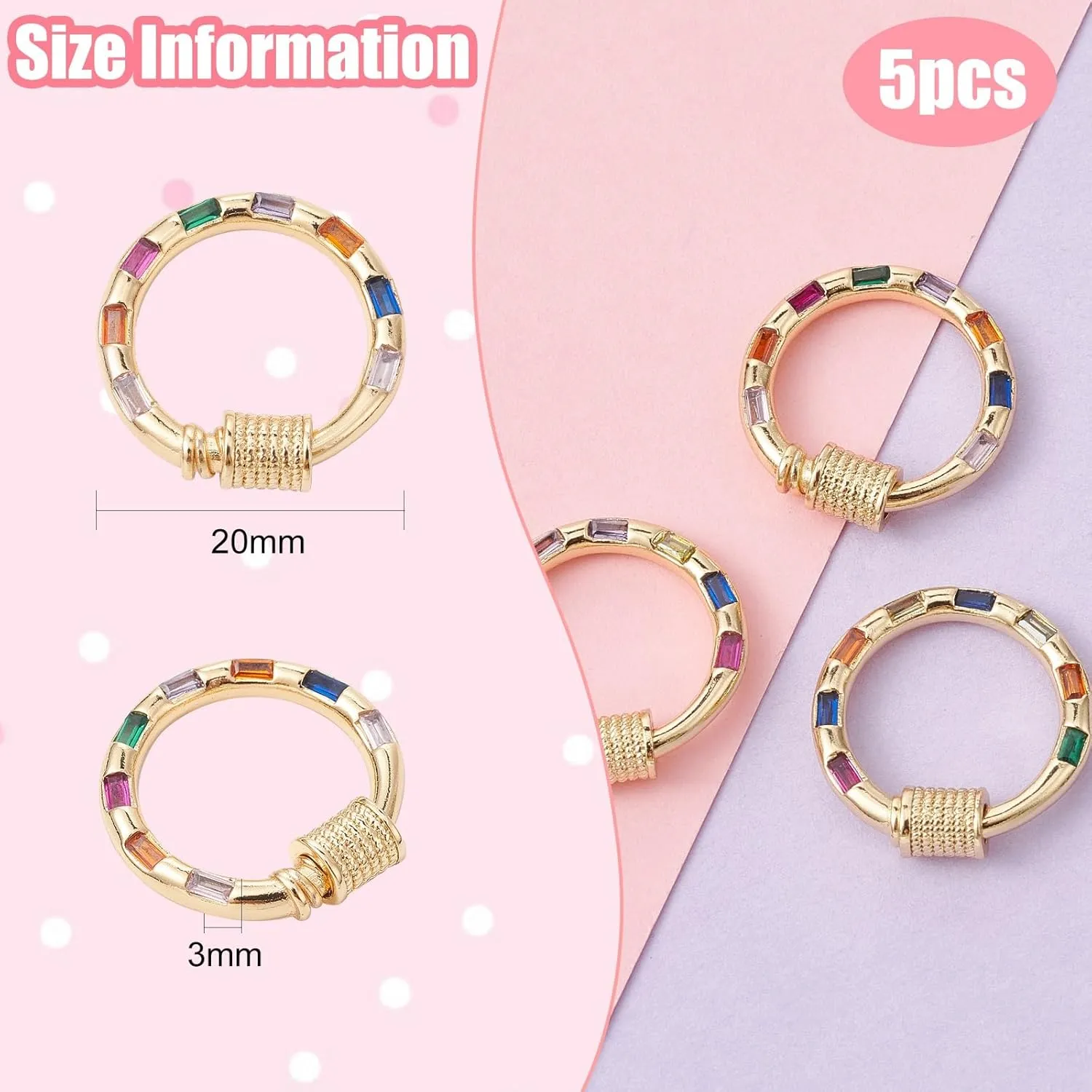 LiQunSweet 5 Pcs Colorful Long-Lasting Plated Micro Pave Cubic Round Screw Carabiner Lock Charms for Bracelet Keychain Handbag Jewelry Findings