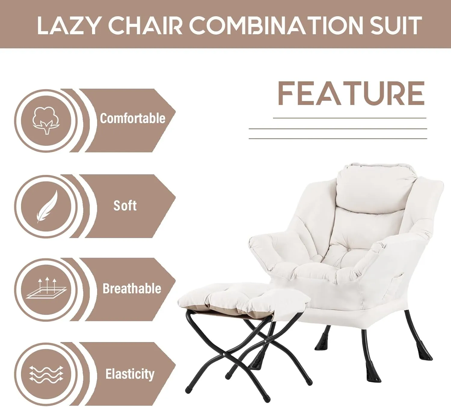 LITA Lazy Chair with Ottoman, Modern Accent Leisure Upholstered Sofa, Contemporary Lounge Reading Chair with Armrests and a Side Pocket for Living Room, Bedroom & Small Space, Beige