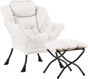 LITA Lazy Chair with Ottoman, Modern Accent Leisure Upholstered Sofa, Contemporary Lounge Reading Chair with Armrests and a Side Pocket for Living Room, Bedroom & Small Space, Beige