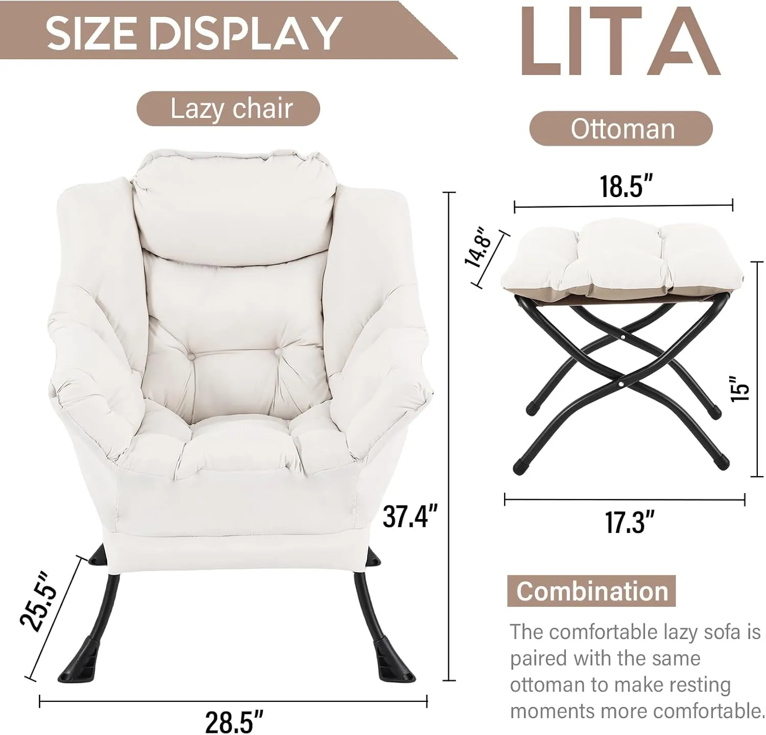 LITA Lazy Chair with Ottoman, Modern Accent Leisure Upholstered Sofa, Contemporary Lounge Reading Chair with Armrests and a Side Pocket for Living Room, Bedroom & Small Space, Beige