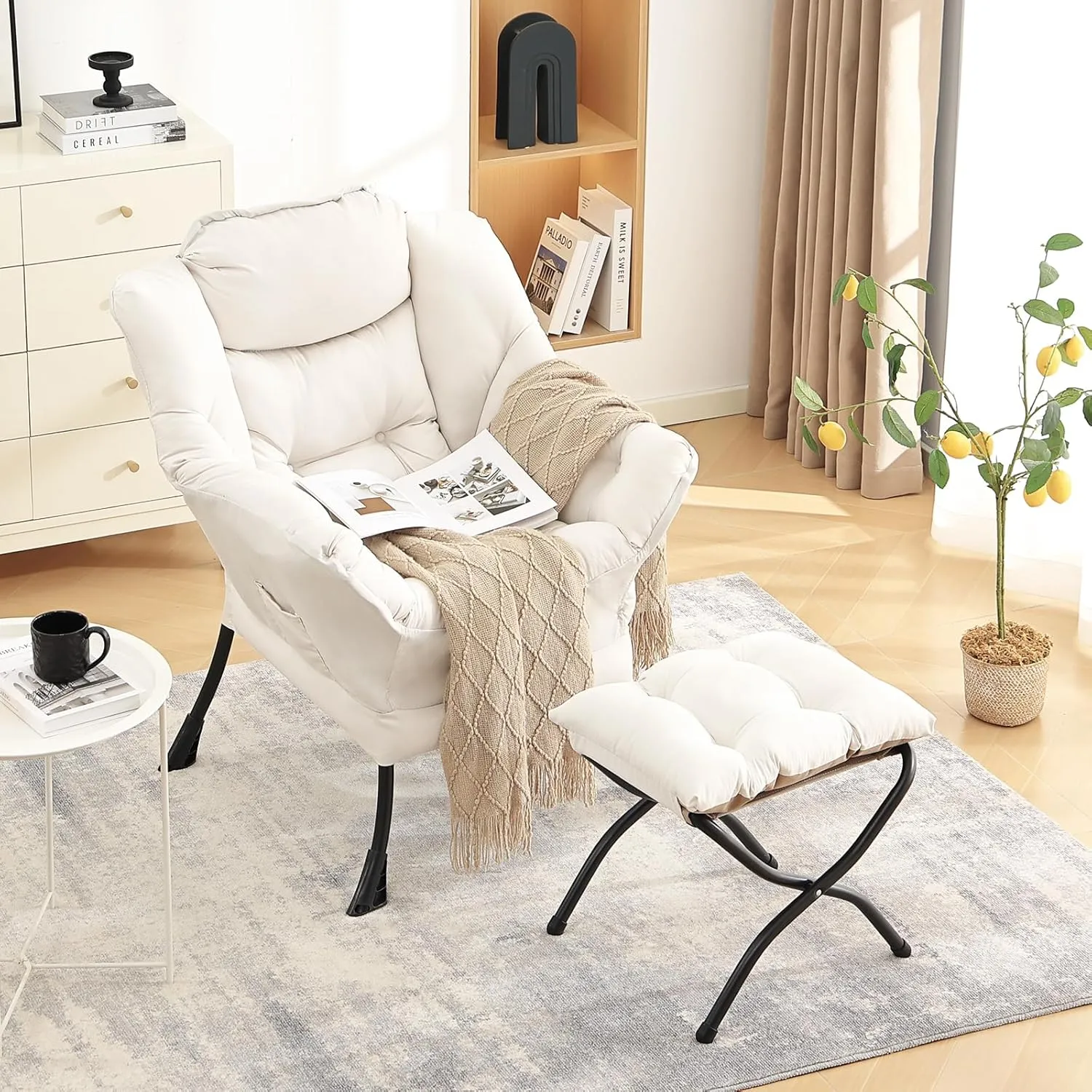 LITA Lazy Chair with Ottoman, Modern Accent Leisure Upholstered Sofa, Contemporary Lounge Reading Chair with Armrests and a Side Pocket for Living Room, Bedroom & Small Space, Beige