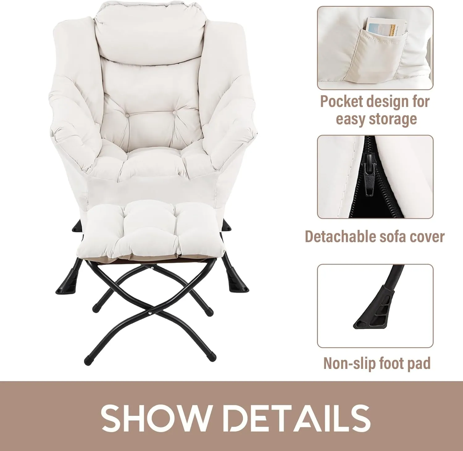 LITA Lazy Chair with Ottoman, Modern Accent Leisure Upholstered Sofa, Contemporary Lounge Reading Chair with Armrests and a Side Pocket for Living Room, Bedroom & Small Space, Beige