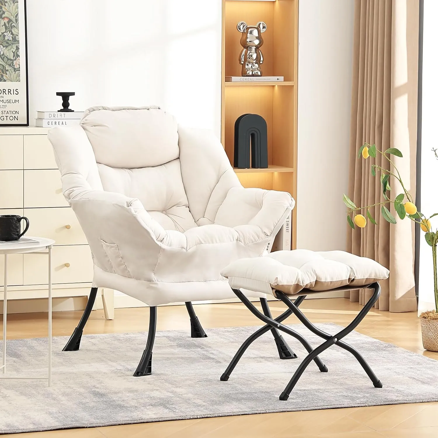LITA Lazy Chair with Ottoman, Modern Accent Leisure Upholstered Sofa, Contemporary Lounge Reading Chair with Armrests and a Side Pocket for Living Room, Bedroom & Small Space, Beige