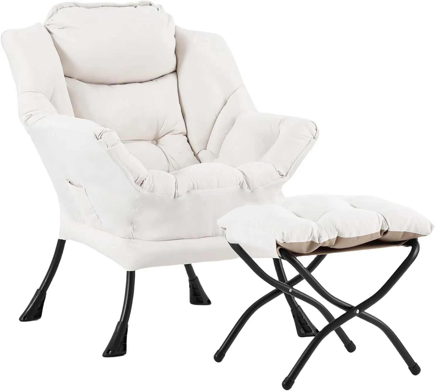 LITA Lazy Chair with Ottoman, Modern Accent Leisure Upholstered Sofa, Contemporary Lounge Reading Chair with Armrests and a Side Pocket for Living Room, Bedroom & Small Space, Beige
