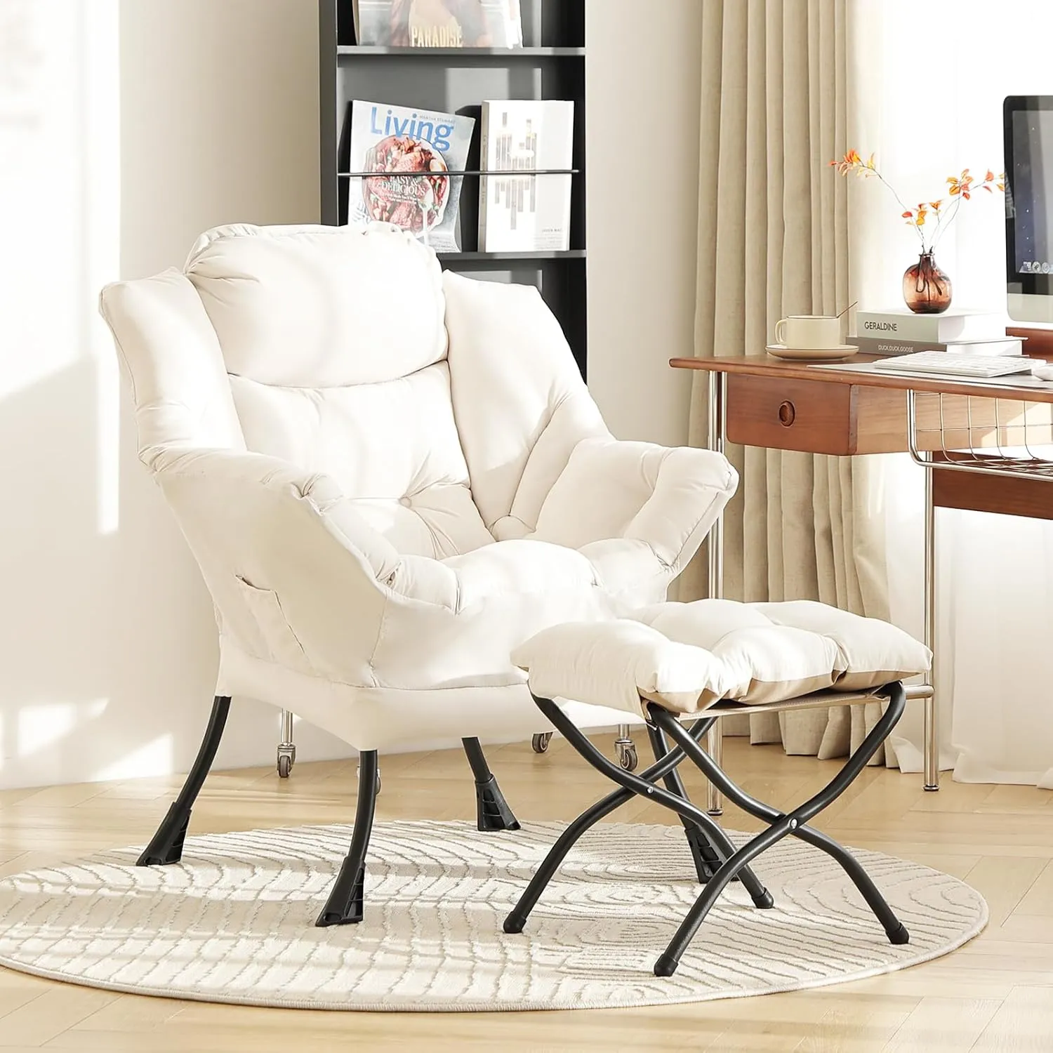 LITA Lazy Chair with Ottoman, Modern Accent Leisure Upholstered Sofa, Contemporary Lounge Reading Chair with Armrests and a Side Pocket for Living Room, Bedroom & Small Space, Beige