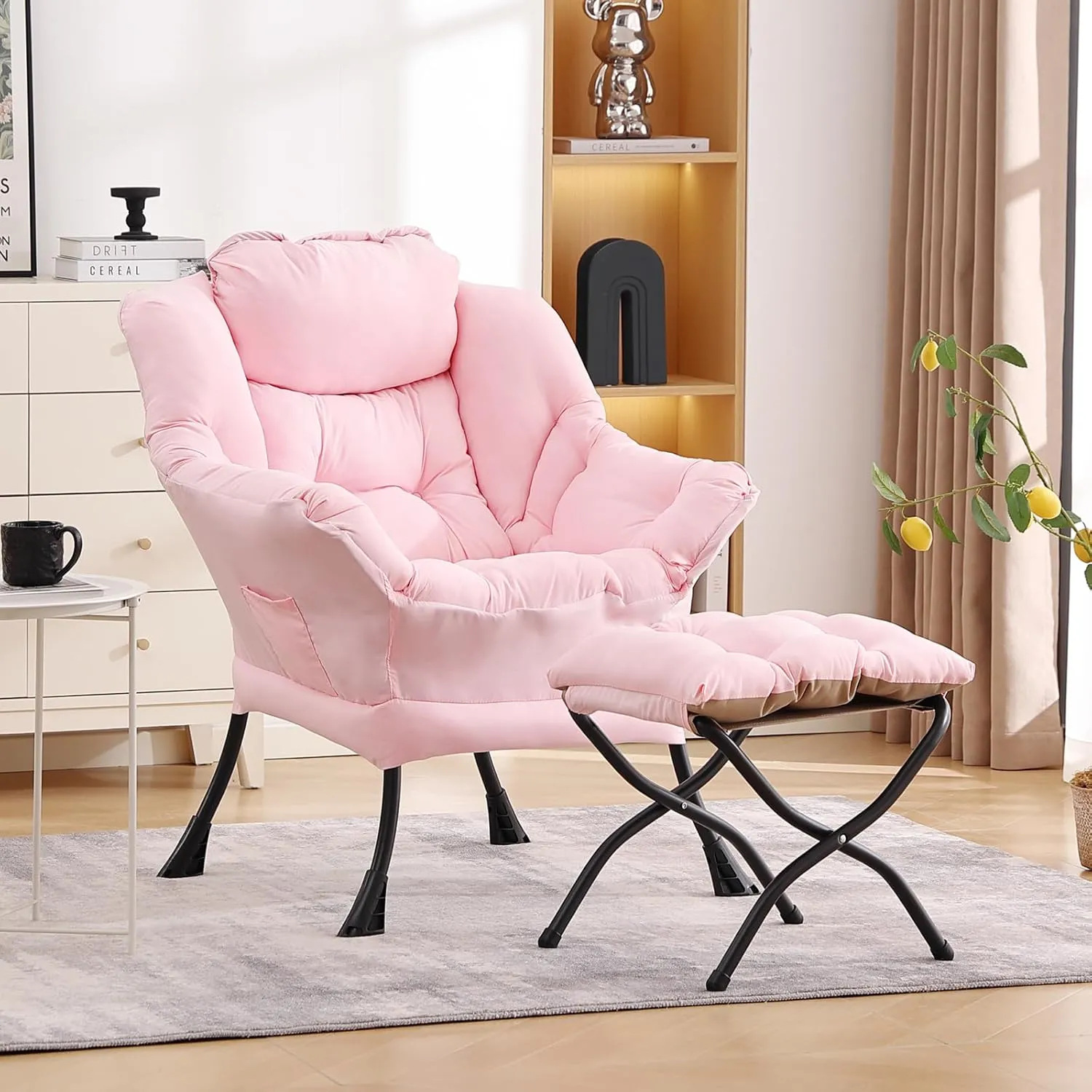 LITA Lazy Chair with Ottoman, Modern Accent Leisure Upholstered Sofa, Contemporary Lounge Reading Chair with Armrests and a Side Pocket for Living Room, Bedroom & Small Space, Pink