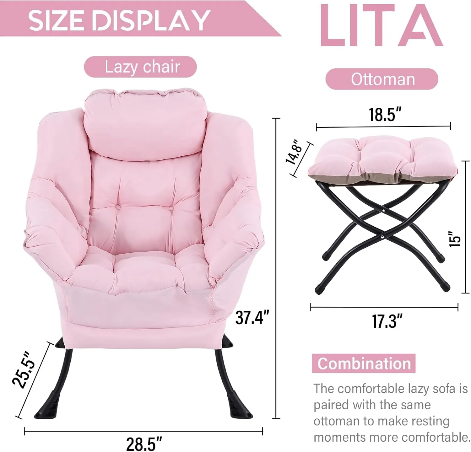LITA Lazy Chair with Ottoman, Modern Accent Leisure Upholstered Sofa, Contemporary Lounge Reading Chair with Armrests and a Side Pocket for Living Room, Bedroom & Small Space, Pink