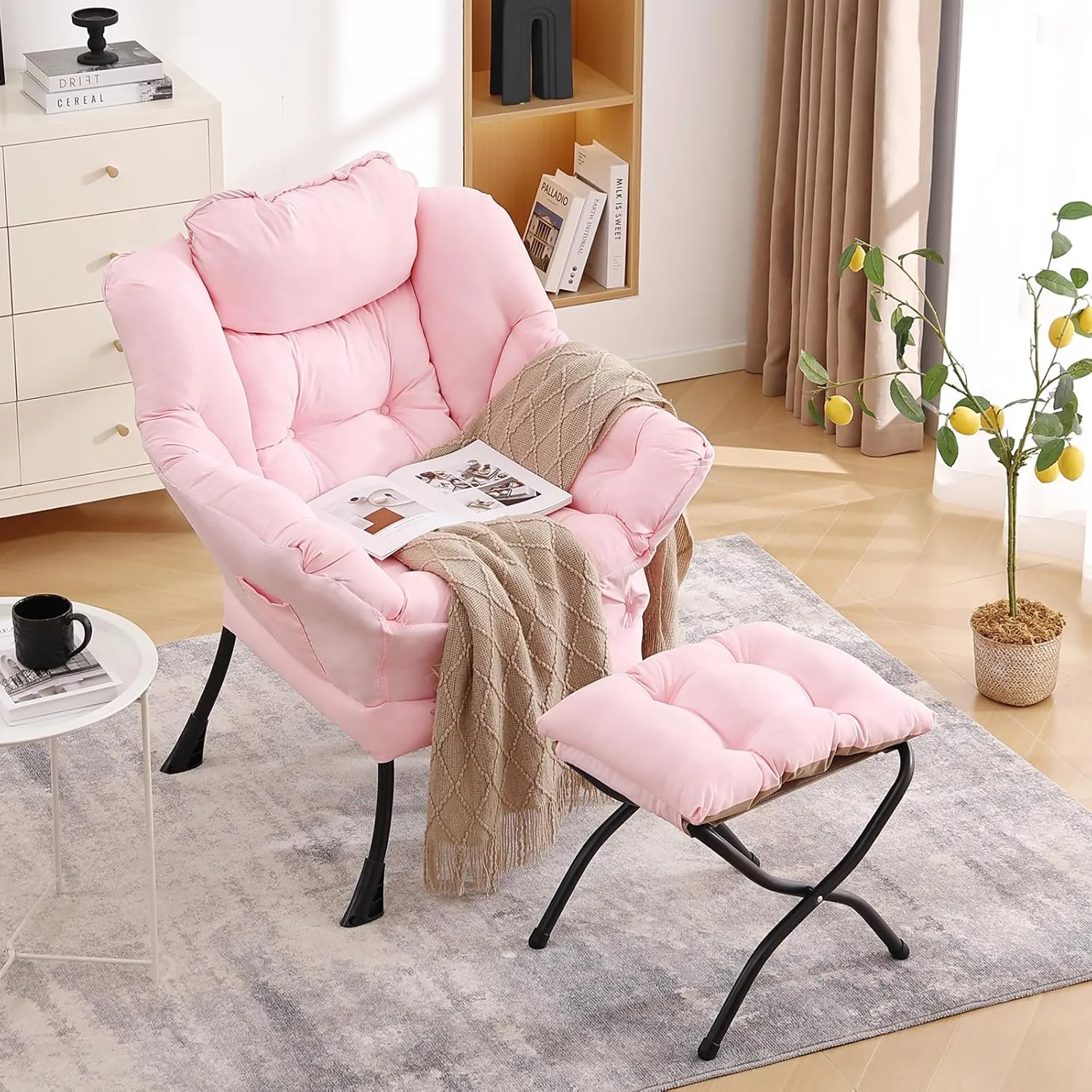 LITA Lazy Chair with Ottoman, Modern Accent Leisure Upholstered Sofa, Contemporary Lounge Reading Chair with Armrests and a Side Pocket for Living Room, Bedroom & Small Space, Pink