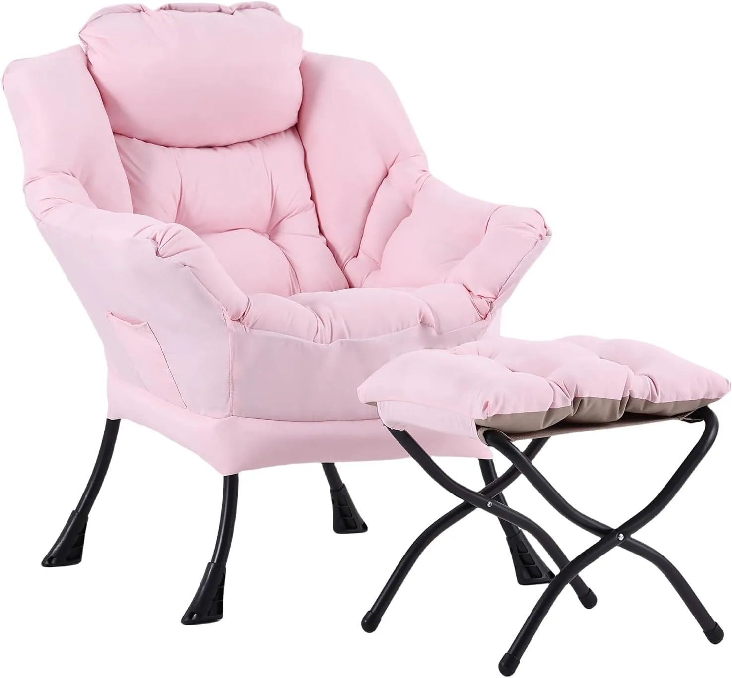 LITA Lazy Chair with Ottoman, Modern Accent Leisure Upholstered Sofa, Contemporary Lounge Reading Chair with Armrests and a Side Pocket for Living Room, Bedroom & Small Space, Pink