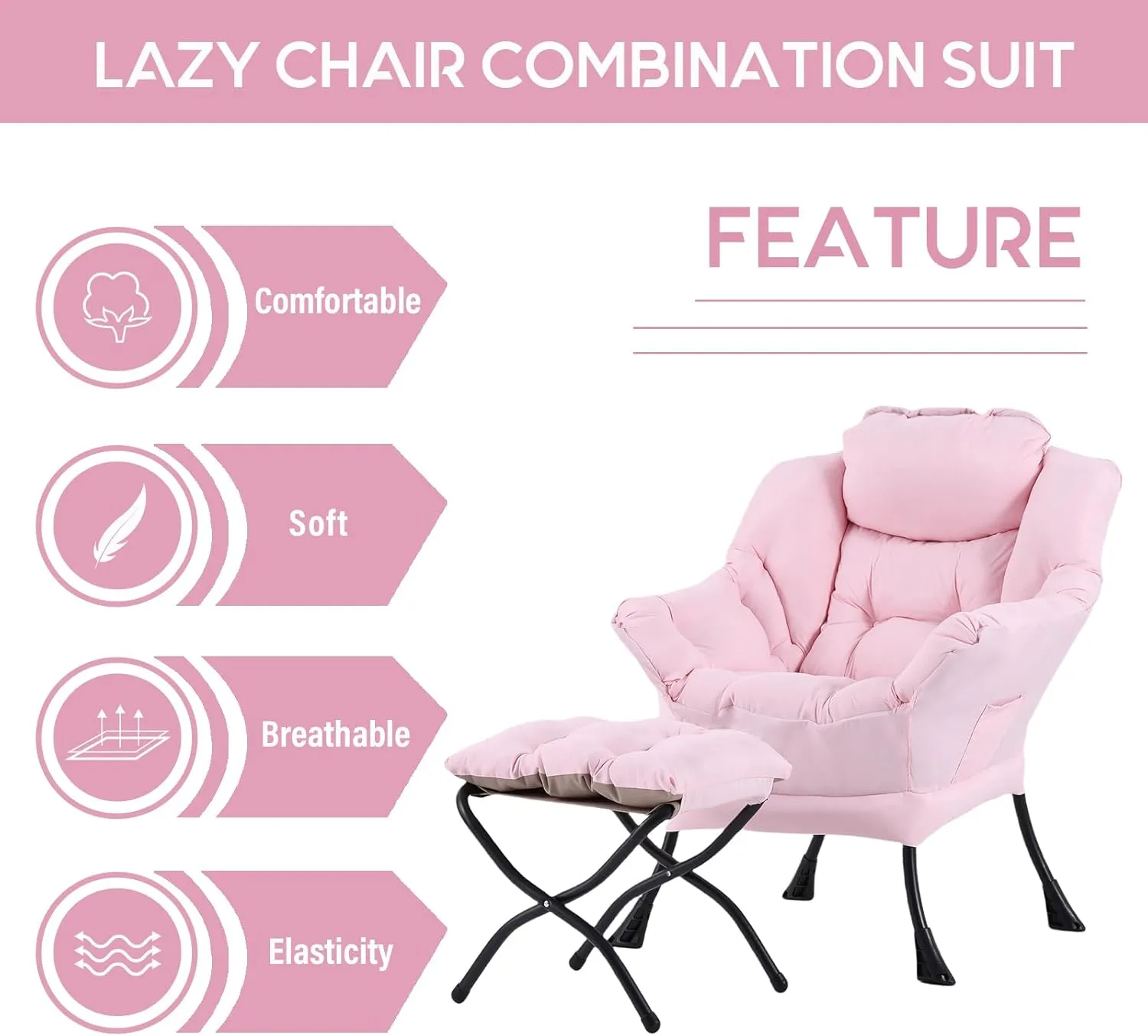 LITA Lazy Chair with Ottoman, Modern Accent Leisure Upholstered Sofa, Contemporary Lounge Reading Chair with Armrests and a Side Pocket for Living Room, Bedroom & Small Space, Pink