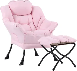 LITA Lazy Chair with Ottoman, Modern Accent Leisure Upholstered Sofa, Contemporary Lounge Reading Chair with Armrests and a Side Pocket for Living Room, Bedroom & Small Space, Pink
