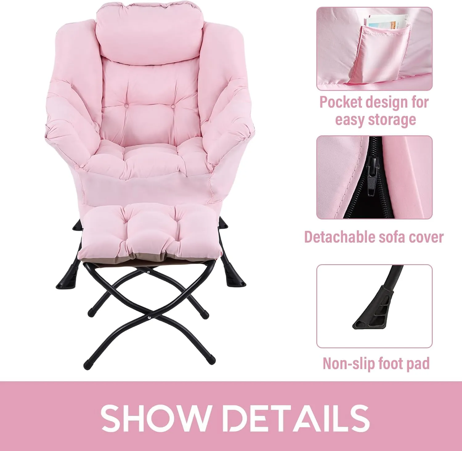 LITA Lazy Chair with Ottoman, Modern Accent Leisure Upholstered Sofa, Contemporary Lounge Reading Chair with Armrests and a Side Pocket for Living Room, Bedroom & Small Space, Pink